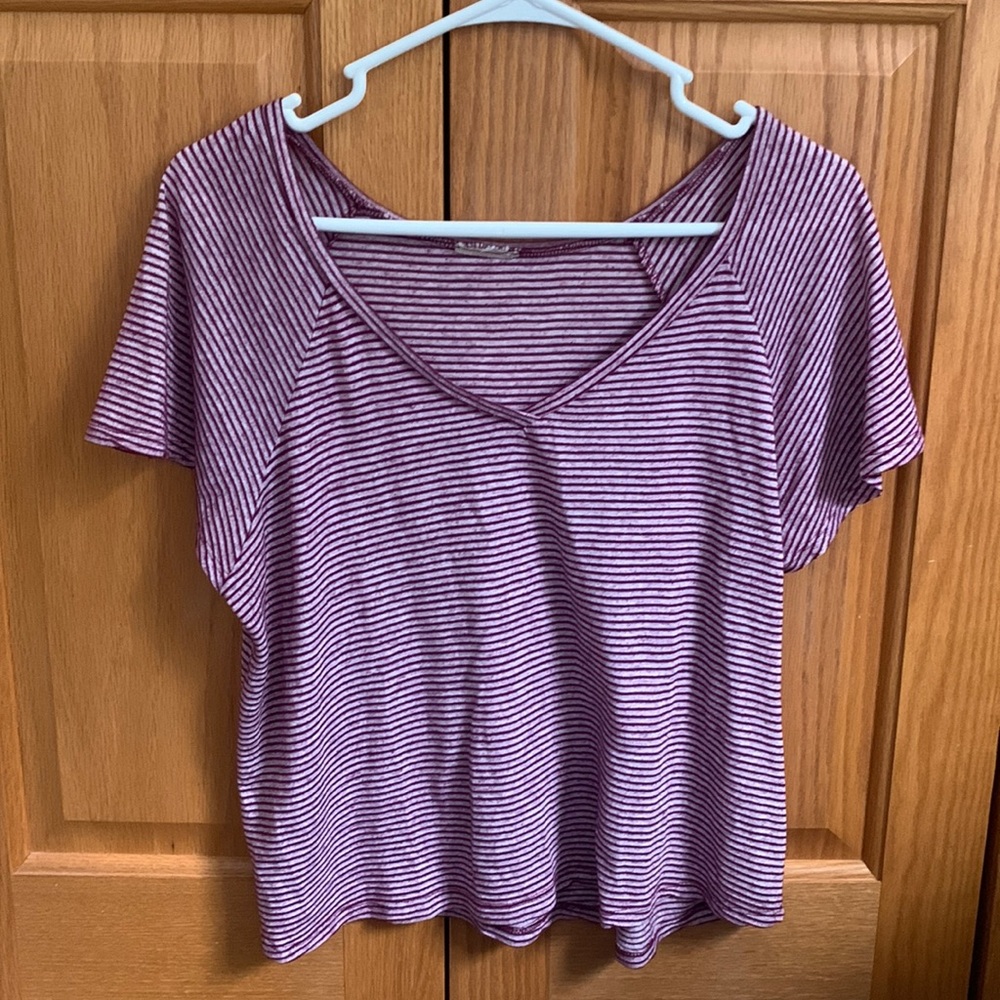 Pink purple striped v-neck shirt (slightly cropped) with ruffles on the sleeves
